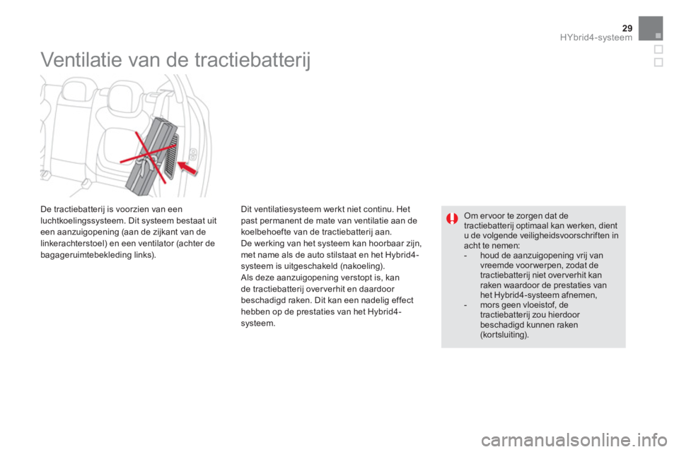 CITROEN DS5 HYBRID 2015 Instructieboekjes (in Dutch) 29HYbrid4-systeem
Dit ventilatiesysteem werkt niet continu. Het
past permanent de mate van ventilatie aan de
koelbehoefte van de tractiebatterij aan.
De werking van het systeem kan hoorbaar z CITROEN DS5 HYBRID 2015 Instructieboekjes (in Dutch) 29HYbrid4-systeem
Dit ventilatiesysteem werkt niet continu. Het
past permanent de mate van ventilatie aan de
koelbehoefte van de tractiebatterij aan.
De werking van het systeem kan hoorbaar z