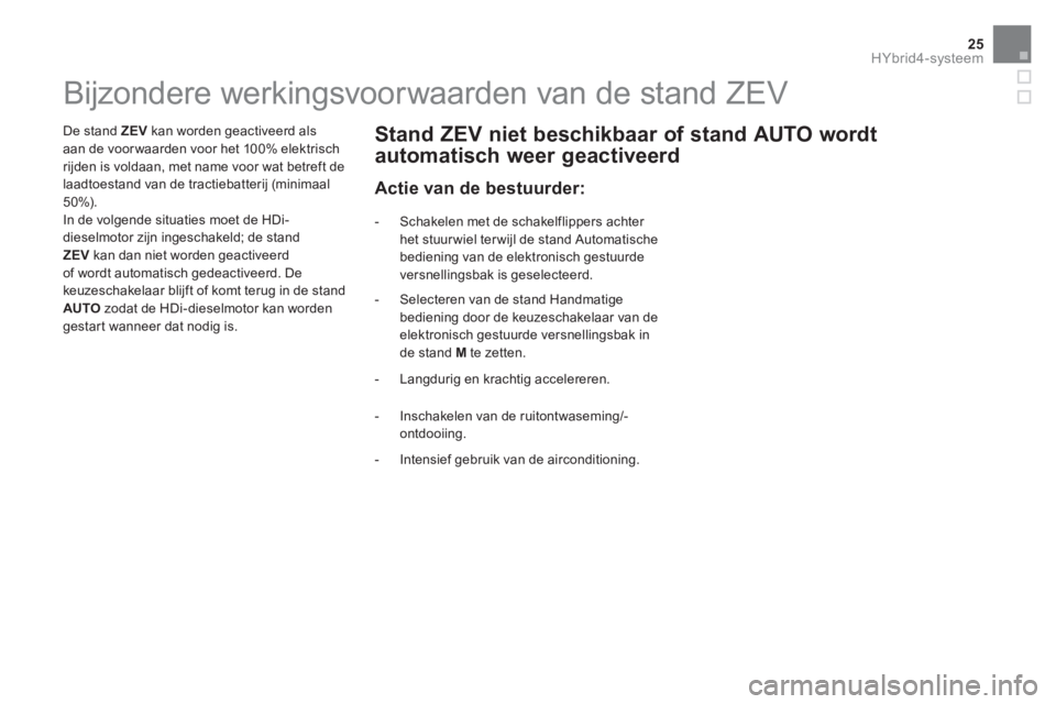 CITROEN DS5 HYBRID 2015 Instructieboekjes (in Dutch) 25HYbrid4-systeem
Bijzondere werkingsvoorwaarden van de stand ZEV
De stand ZEV
kan worden geactiveerd als
aan de voor waarden CITROEN DS5 HYBRID 2015 Instructieboekjes (in Dutch) 25HYbrid4-systeem
Bijzondere werkingsvoorwaarden van de stand ZEV
De stand ZEV
kan worden geactiveerd als
aan de voor waarden