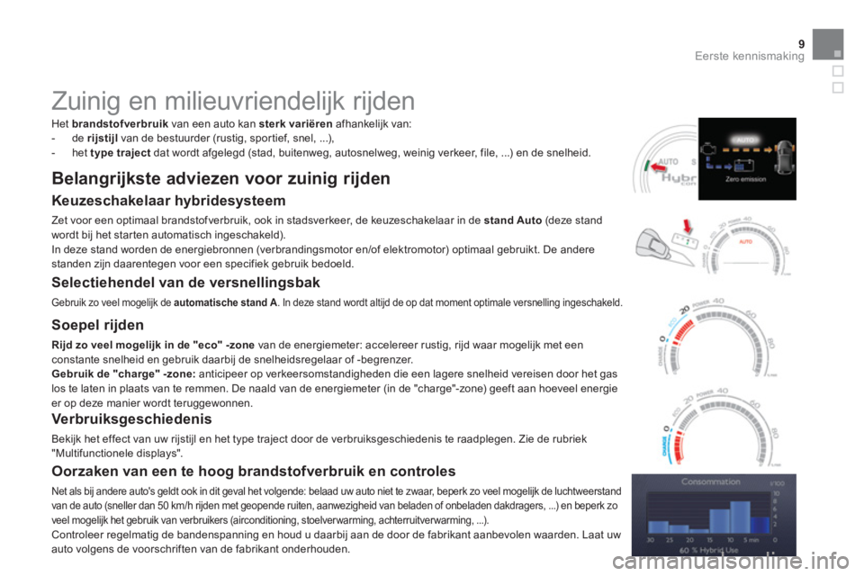 CITROEN DS5 HYBRID 2013  Instructieboekjes (in Dutch) 9Eerste kennismaking
   
 
 
 
 
Zuinig en milieuvriendelijk rijden 
 
 
Het brandstofverbruik 
 van een auto kan sterk variërenafhankelijk van:
   
 
-  de  rijstijl 
 van de bestuurder (rustig, spo