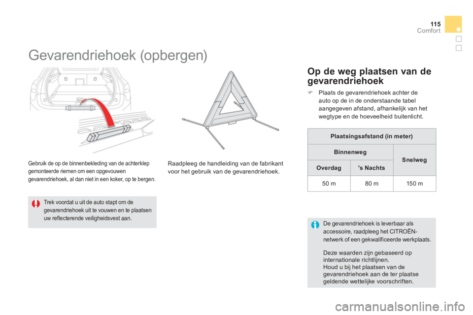 CITROEN DS5 HYBRID 2013  Instructieboekjes (in Dutch) 115
Comfort
   
 
 
 
 
 
 
 
 
Gevarendriehoek (opbergen) 
 
 Gebruik de op de binnenbekleding van de achterklepgemonteerde riemen om een opgevouwengevarendriehoek, al dan niet in een koker, op te be