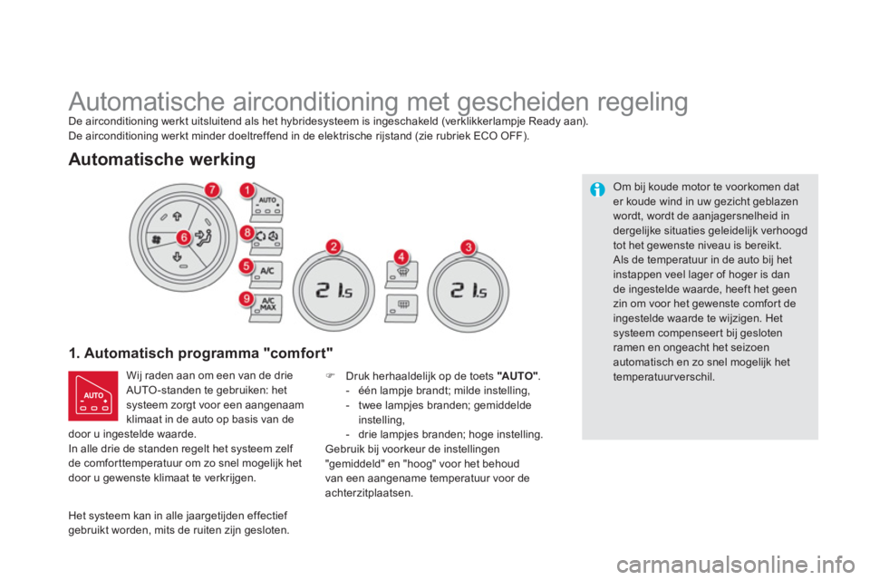 CITROEN DS5 HYBRID 2013  Instructieboekjes (in Dutch)    
 
 
 
Automatische airconditioning met gescheiden regeling 
1. Automatisch programma "comfort"
 Wij raden aan om een van de drie
AUTO-standen te gebruiken: hetsysteem zorgt voor een aangenaam klim