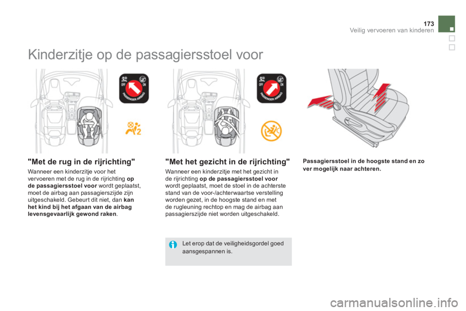 CITROEN DS5 HYBRID 2013  Instructieboekjes (in Dutch) 173Veilig vervoeren van kinderen
  Kinderzitje op de passagiersstoel voor  
 
 "Met de rug in de rijrichting" 
 
Wanneer een kinderzitje voor het 
ver voeren met de rug in de rijrichting  opde passagi