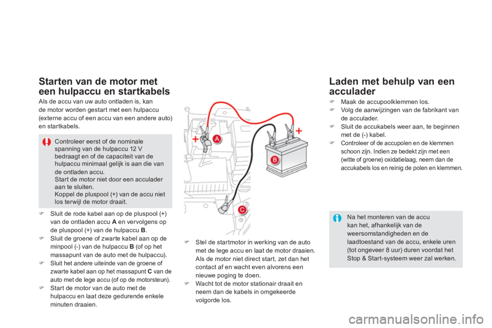CITROEN DS5 HYBRID 2013  Instructieboekjes (in Dutch)    Na het monteren van de accukan het, afhankelijk van deweersomstandigheden en delaadtoestand van de accu, enkele uren (tot ongeveer 8 uur) duren voordat het Stop & Star t-systeem weer zal werken.  
