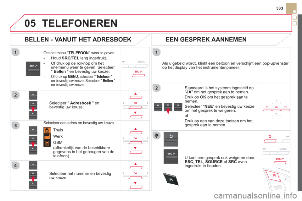 CITROEN DS5 HYBRID 2013  Instructieboekjes (in Dutch)  
  
05
SRC
333
TELEFONEREN 
Om het menu "TELEFOON" 
 weer te geven:
-  Houd SRC/TELlang ingedrukt. 
-  
Of druk op de rolknop om het snelmenu weer te geven. Selecteer 
"Bellen 
 " en bevestig uw keuz