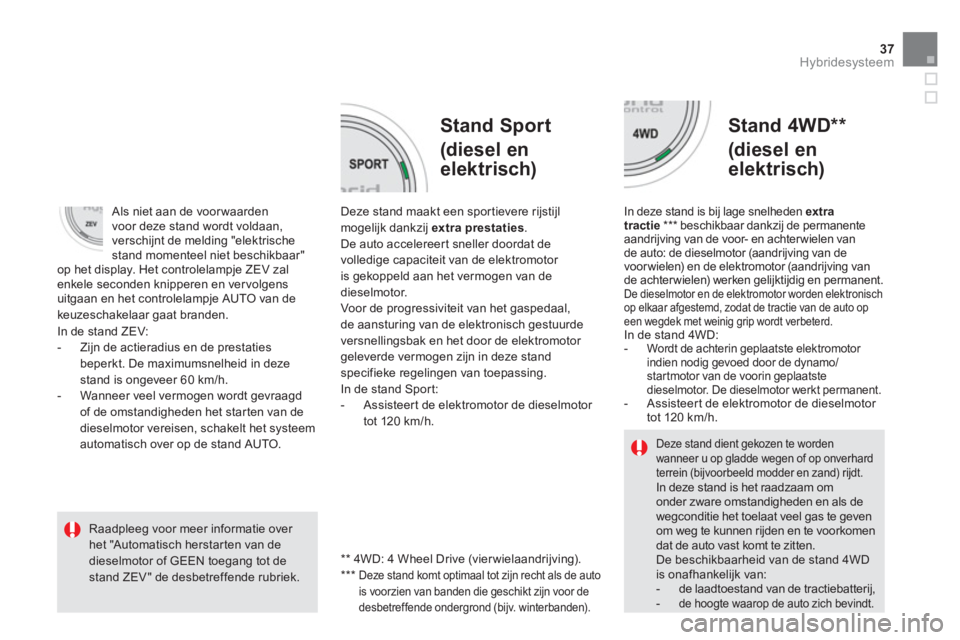 CITROEN DS5 HYBRID 2013  Instructieboekjes (in Dutch) 37
Hybridesysteem
   
Stand Sport
(diesel en
elektrisch)
 
 
Stand 4WD **  
(diesel en 
elektrisch) 
Deze stand maakt een spor tievere rijstijl 
mogelijk dankzij extra prestaties.De auto accelereert s