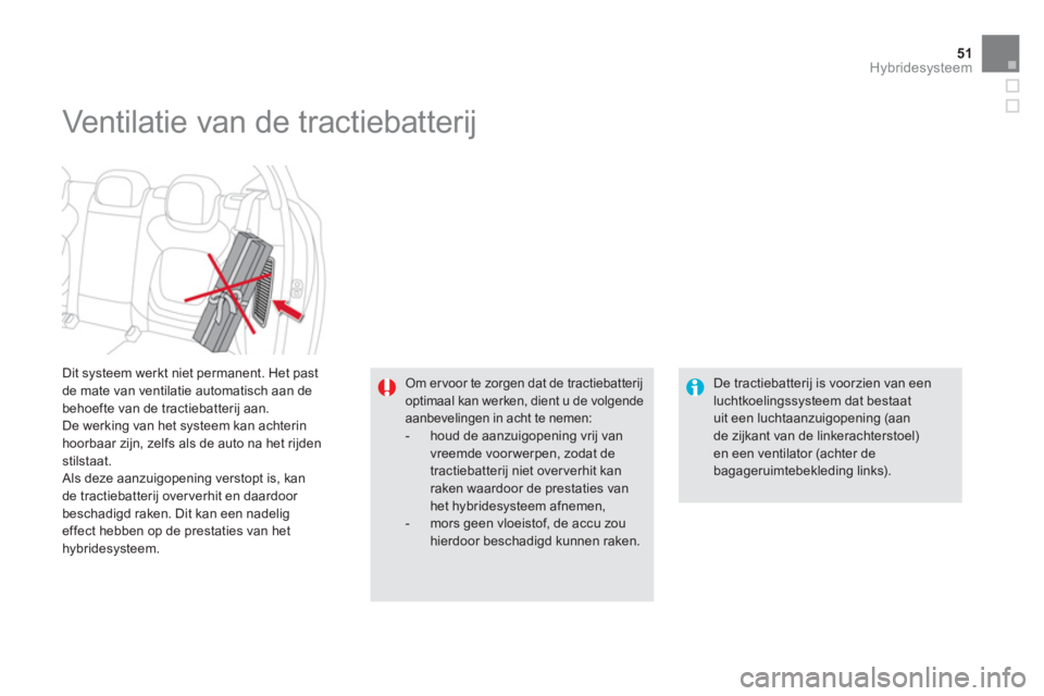 CITROEN DS5 HYBRID 2013  Instructieboekjes (in Dutch) 51Hybridesysteem
   
Dit systeem werkt niet permanent. Het pastde mate van ventilatie automatisch aan de 
behoefte van de tractiebatterij aan. 
  De werking van het systeem kan achterin hoorbaar zijn,