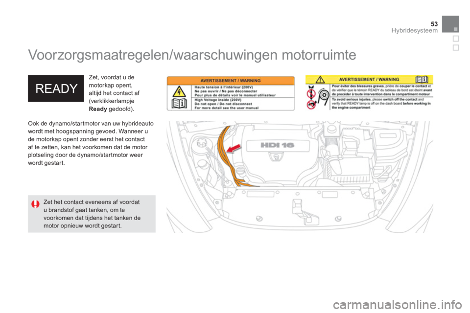 CITROEN DS5 HYBRID 2013  Instructieboekjes (in Dutch) 53Hybridesysteem
   
 
 
 
 
Voorzorgsmaatregelen/waarschuwingen motorruimte  
 Ook de dynamo/startmotor van uw hybrideauto 
wordt met hoogspanning gevoed. Wanneer u
de motorka
p opent zonder eerst he