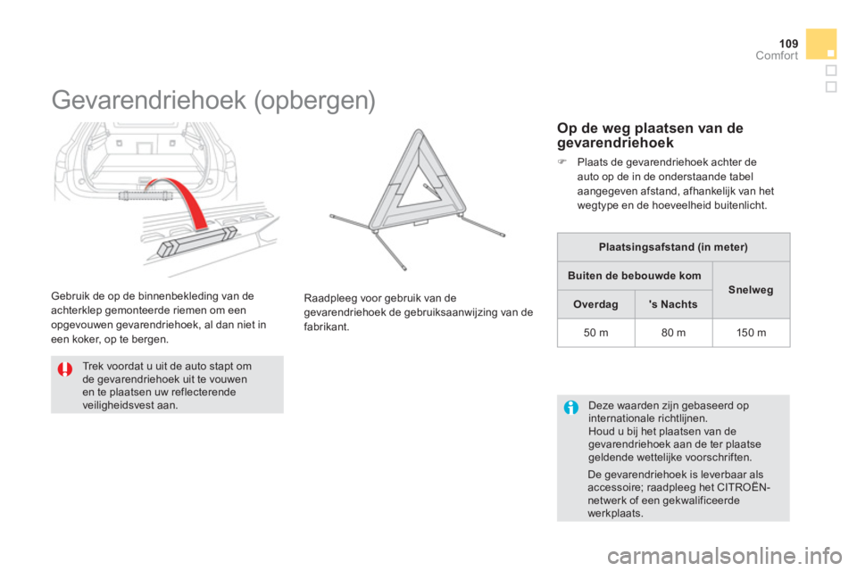 CITROEN DS5 HYBRID 2012  Instructieboekjes (in Dutch) 109Comfort
   
 
 
 
 
 
 
 
 
 
Gevarendriehoek (opbergen) 
 
 Trek voordat u uit de auto stapt om de gevarendriehoek uit te vouwen en te plaatsen uw reflecterendeveiligheidsvest aan.Raadplee
g voor 