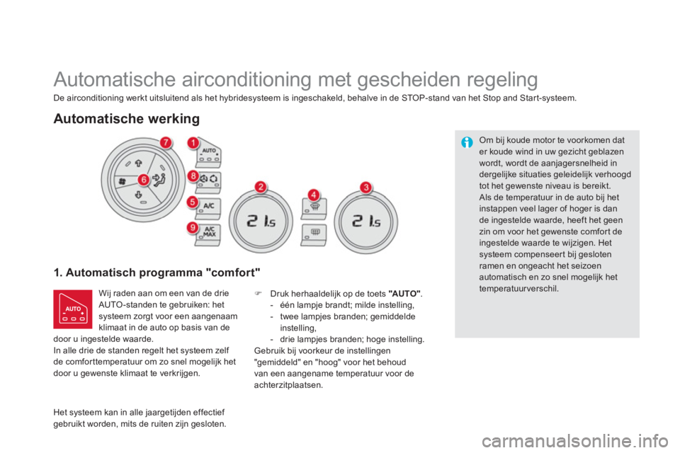 CITROEN DS5 HYBRID 2012  Instructieboekjes (in Dutch)    
 
 
 
 
Automatische airconditioning met gescheiden regeling 
1. Automatisch programma "comfort"
 Wij raden aan om een van de drie
AUTO-standen te gebruiken: hetsysteem zorgt voor een aangenaam kl