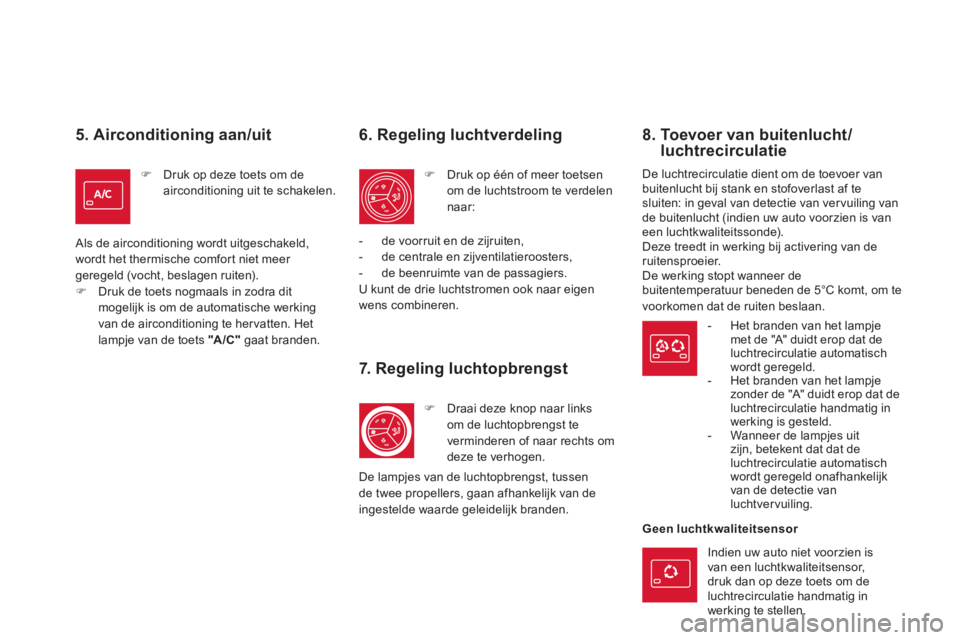 CITROEN DS5 HYBRID 2012  Instructieboekjes (in Dutch) 5. Airconditioning aan/uit 
�)Druk op deze toets om de 
airconditioning uit te schakelen.
 
Als de airconditioning wordt uitgeschakeld, 
wordt het thermische comfort niet meer geregeld (vocht, beslage