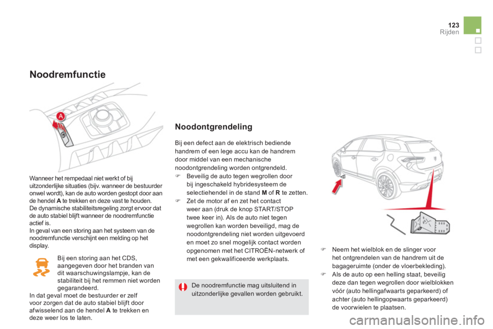 CITROEN DS5 HYBRID 2012 Instructieboekjes (in Dutch) 123Rijden
Noodremfunctie
Wanneer het rempedaal niet werkt of bij uitzonderlijke situaties (bijv. wanneer de bestuurder
onwel wordt), kan de auto worden gestopt door aande hendel Ate trekken CITROEN DS5 HYBRID 2012 Instructieboekjes (in Dutch) 123Rijden
Noodremfunctie
Wanneer het rempedaal niet werkt of bij uitzonderlijke situaties (bijv. wanneer de bestuurder
onwel wordt), kan de auto worden gestopt door aande hendel Ate trekken