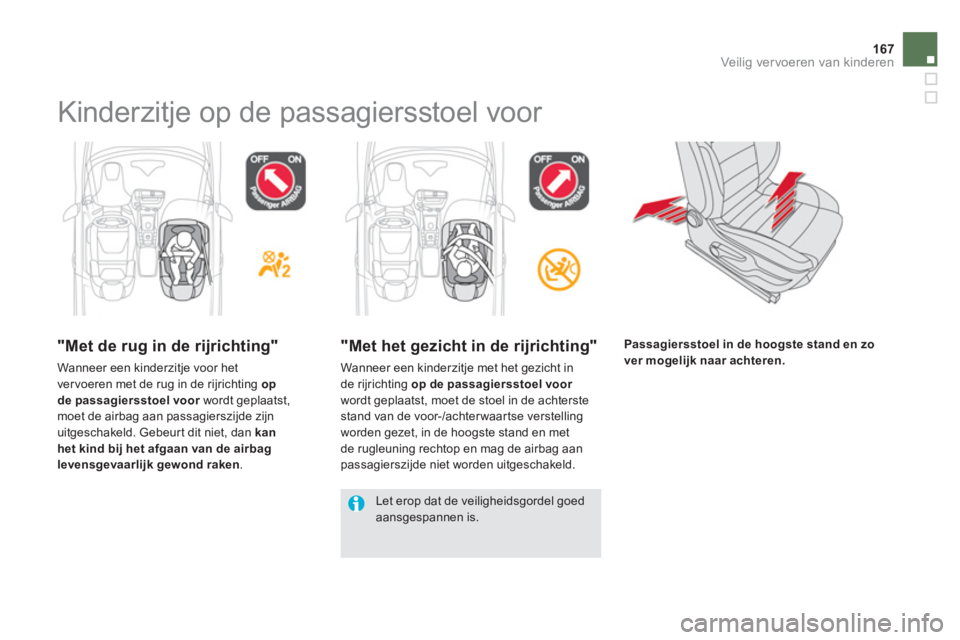 CITROEN DS5 HYBRID 2012  Instructieboekjes (in Dutch) 167
Veilig vervoeren van kinderen
  Kinderzitje op de passagiersstoel voor  
 
 
"Met de rug in de rijrichting" 
 
Wanneer een kinderzitje voor het 
ver voeren met de rug in de rijrichting  opde passa