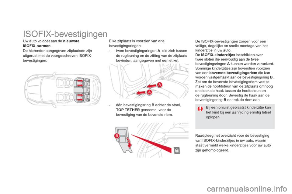 CITROEN DS5 HYBRID 2012 Instructieboekjes (in Dutch) Uw auto voldoet aan de nieuwste ISOFIX-normen.
De hieronder aangegeven zitplaatsen zijn
uitgerust met de voorgeschreven ISOFIX-
bevestigingen:
ISOFIX-bevestigingen
Elk CITROEN DS5 HYBRID 2012 Instructieboekjes (in Dutch) Uw auto voldoet aan de nieuwste ISOFIX-normen.
De hieronder aangegeven zitplaatsen zijn
uitgerust met de voorgeschreven ISOFIX-
bevestigingen:
ISOFIX-bevestigingen
Elk