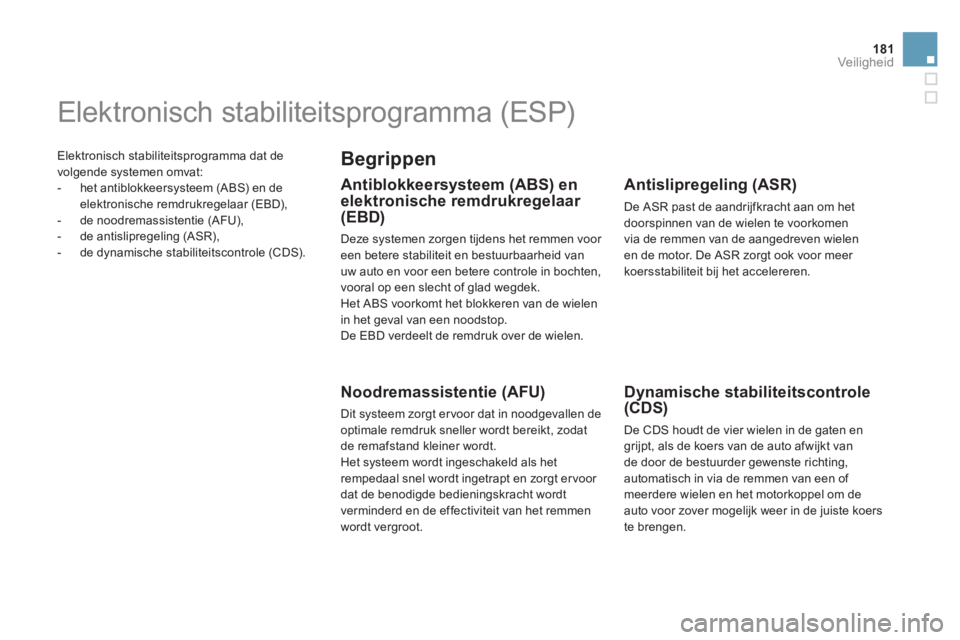CITROEN DS5 HYBRID 2012  Instructieboekjes (in Dutch) 181Veiligheid
 Elektronisch stabiliteitsprogramma dat de
vol
gende systemen omvat: 
   
 
-  het antiblokkeersysteem (ABS) en de elektronische remdrukregelaar (EBD),
   
-  de noodremassistentie (AFU)