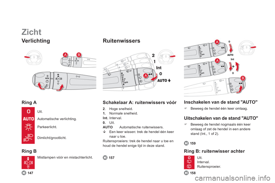 CITROEN DS5 HYBRID 2012  Instructieboekjes (in Dutch)    
Zicht 
 
Verlichting
Ring A 
Ring B 
 
 
Ruitenwissers
147
 
 
Schakelaar A: ruitenwissers vóór 
2 
. Hoge snelheid.1.Normale snelheid. Int.Interval.
0.   Uit. 
AUT
OAutomatische ruitenwissers. 