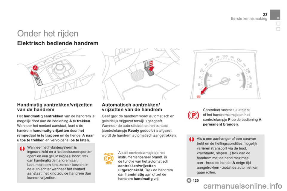 CITROEN DS5 HYBRID 2012  Instructieboekjes (in Dutch) 23Eerste kennismaking
   
 Als dit controlelampje op hetinstrumentenpaneel brandt, isde functie van het automatisch aantrekken/vrijzettenuitgeschakeld 
. Trek de handremdan handmatig 
 aan of zet de h