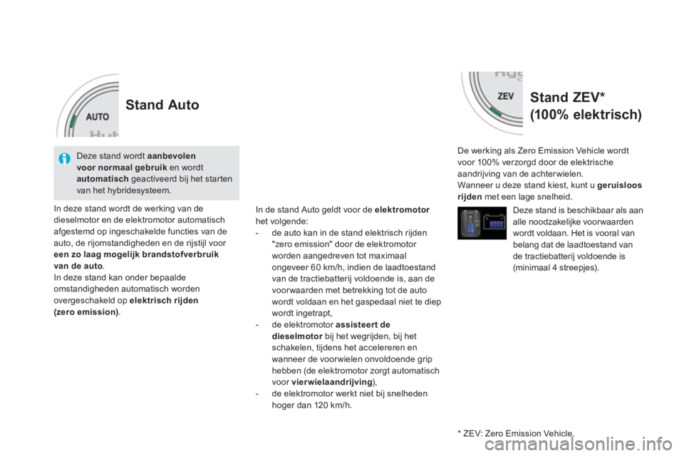 CITROEN DS5 HYBRID 2012  Instructieboekjes (in Dutch) Stand ZEV *    
(100% elek trisch) 
 
 De werking als Zero Emission Vehicle wordt
voor 100% verzorgd door de elektrische
aandrijving van de achterwielen.
  Wanneer u deze stand kiest, kunt u  geruislo