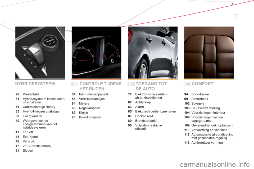 CITROEN DS5 HYBRID 2012  Instructieboekjes (in Dutch) 54Instrumentenpaneel
55Verklikkerlampjes
64 Meters
68Regelknoppen
69 Klokje
70 Boordcomputer
74 Elektronische sleutel - afstandsbediening
82Achterklep
83Alarm
85Elektrisch bedienbare ruiten
87Cockpit 