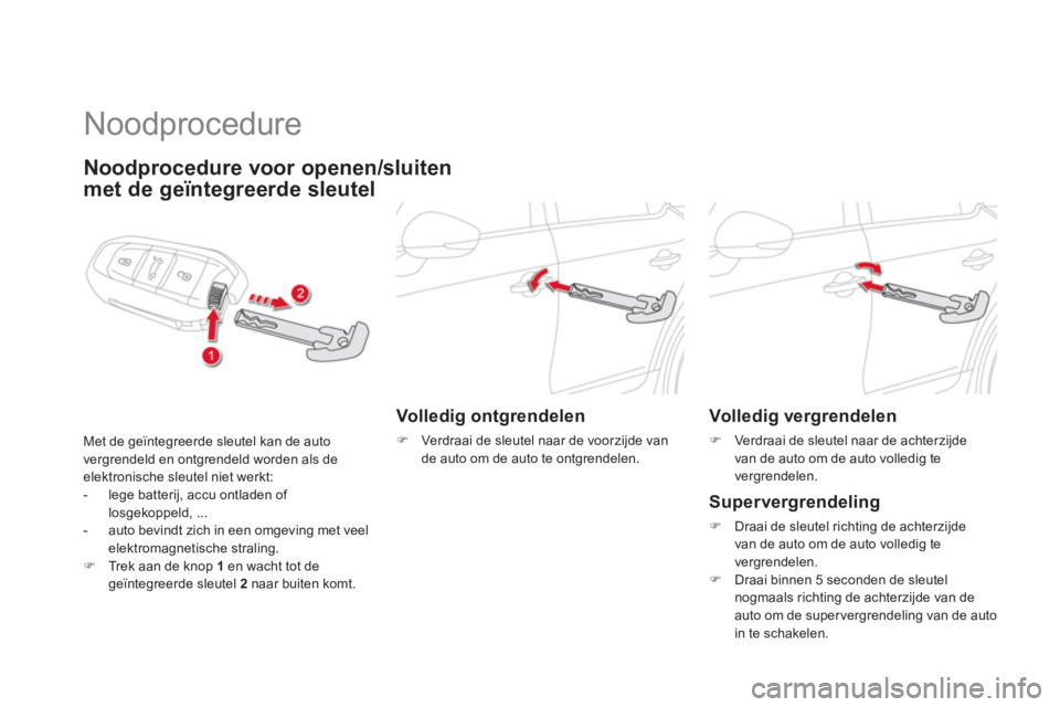 CITROEN DS5 HYBRID 2012  Instructieboekjes (in Dutch)    
 
 
 
 
Noodprocedure 
Noodprocedure voor openen/sluiten
met de geïntegreerde sleutel 
Met de geïntegreerde sleutel kan de auto 
vergrendeld en ontgrendeld worden als deelektronische sleutel nie