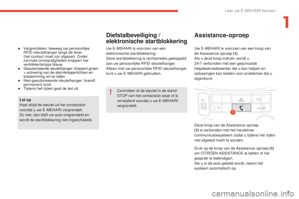 CITROEN E-MEHARI 2017  Instructieboekjes (in Dutch) 9
e-mehari_nl_Chap01_faite-connaissance_ed03-2016
Controleer of de sleutel in de stand 
STOP van het contactslot staat of is 
ver wijderd voordat u uw E-MEHARI 
vergrendelt.
Let op
Haal altijd de sleu