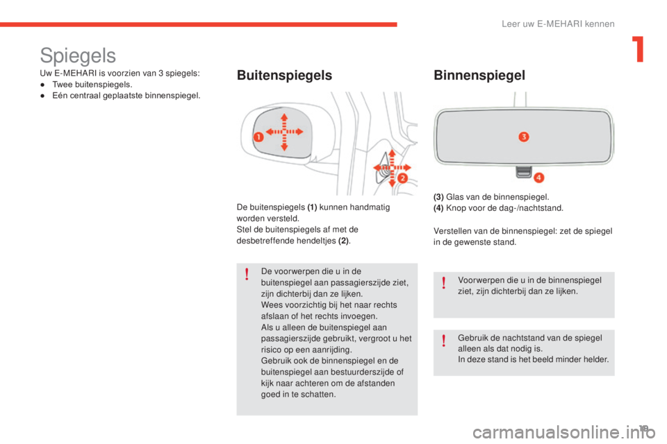 CITROEN E-MEHARI 2017  Instructieboekjes (in Dutch) 19
e-mehari_nl_Chap01_faite-connaissance_ed03-2016
Spiegels
Uw E-MEHARI is voorzien van 3 spiegels:
●  T wee buitenspiegels.
●
 
E
 én centraal geplaatste binnenspiegel.Buitenspiegels
De buitensp