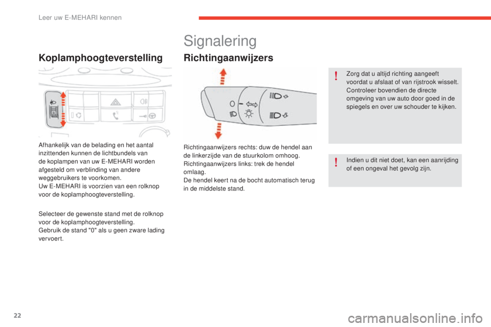 CITROEN E-MEHARI 2017  Instructieboekjes (in Dutch) 22
e-mehari_nl_Chap01_faite-connaissance_ed03-2016
Koplamphoogteverstelling
Afhankelijk van de belading en het aantal 
inzittenden kunnen de lichtbundels van 
de koplampen van uw E-MEHARI worden 
afge