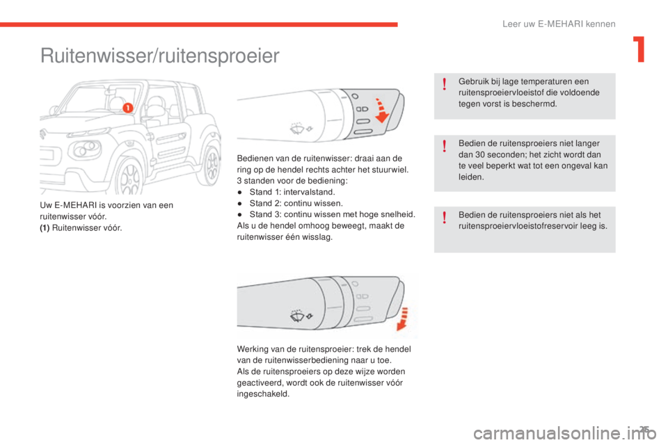 CITROEN E-MEHARI 2017  Instructieboekjes (in Dutch) 25
e-mehari_nl_Chap01_faite-connaissance_ed03-2016
Gebruik bij lage temperaturen een 
ruitensproeiervloeistof die voldoende 
tegen vorst is beschermd.
Bedien de ruitensproeiers niet langer 
dan 30  se