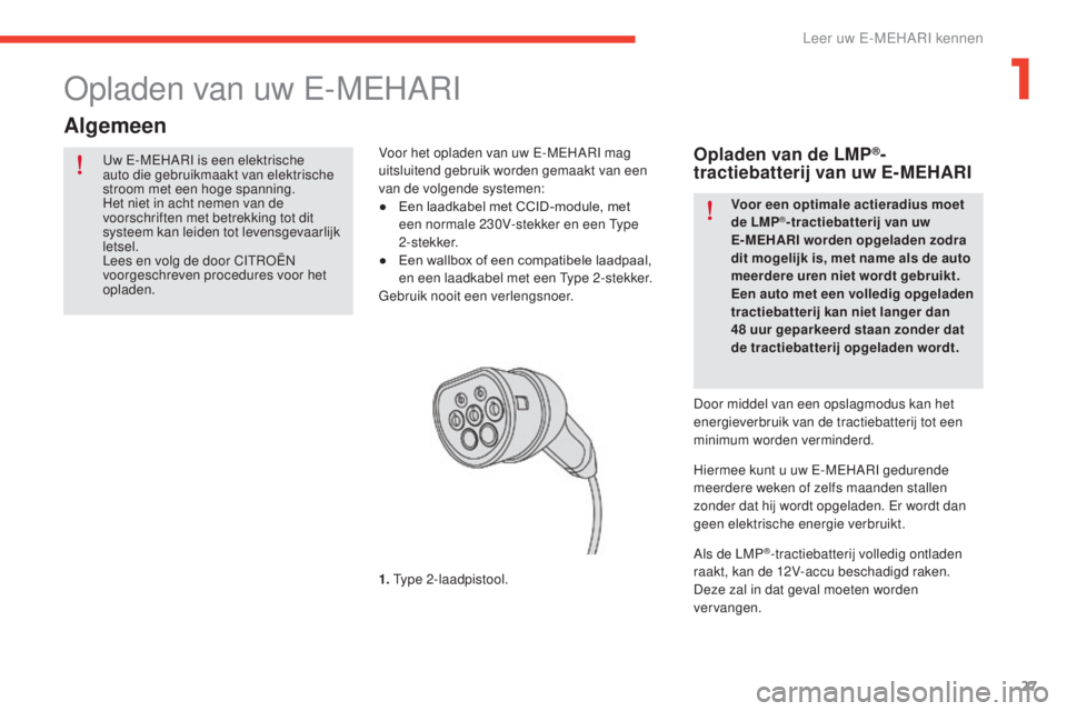 CITROEN E-MEHARI 2017  Instructieboekjes (in Dutch) 27
e-mehari_nl_Chap01_faite-connaissance_ed03-2016
Uw E-MEHARI is een elektrische 
auto die gebruikmaakt van elektrische 
stroom met een hoge spanning.
Het niet in acht nemen van de 
voorschriften met