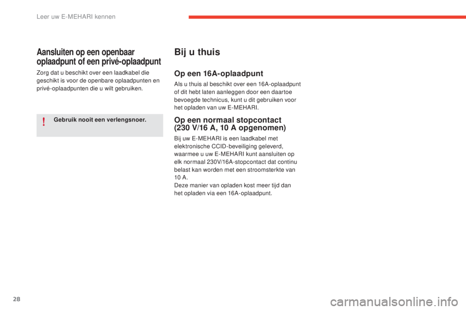 CITROEN E-MEHARI 2017  Instructieboekjes (in Dutch) 28
e-mehari_nl_Chap01_faite-connaissance_ed03-2016
Gebruik nooit een verlengsnoer.
Aansluiten op een openbaar 
oplaadpunt of een privé-oplaadpunt
Zorg dat u beschikt over een laadkabel die 
geschikt 
