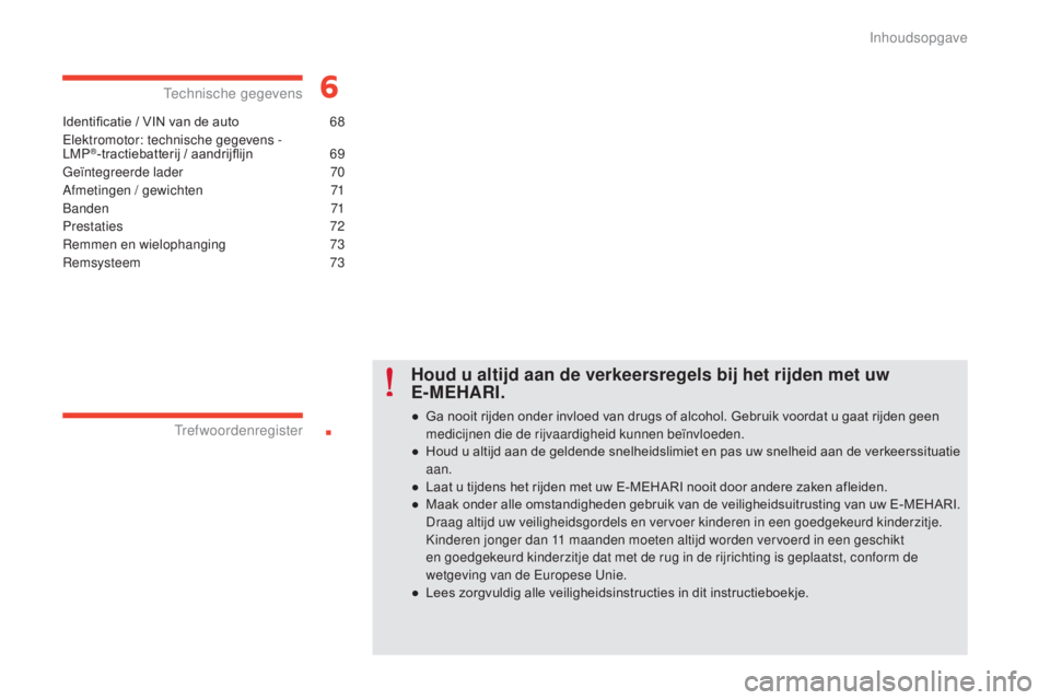 CITROEN E-MEHARI 2017  Instructieboekjes (in Dutch) .
e-mehari_nl_Chap00a_sommaire_ed03-2016
Identificatie / VIN van de auto 68
Elektromotor: technische gegevens -  
LMP
®-tractiebatterij / aandrijflijn 6 9
Geïntegreerde lader
 7
 0
Afmetingen / gewi
