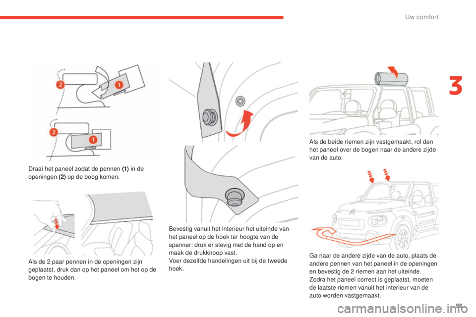 CITROEN E-MEHARI 2017  Instructieboekjes (in Dutch) 53
e-mehari_nl_Chap03_confort_ed03-2016
Draai het paneel zodat de pennen (1) in de 
openingen (2)  op de boog komen. Als de beide riemen zijn vastgemaakt, rol dan 
het paneel over de bogen naar de and