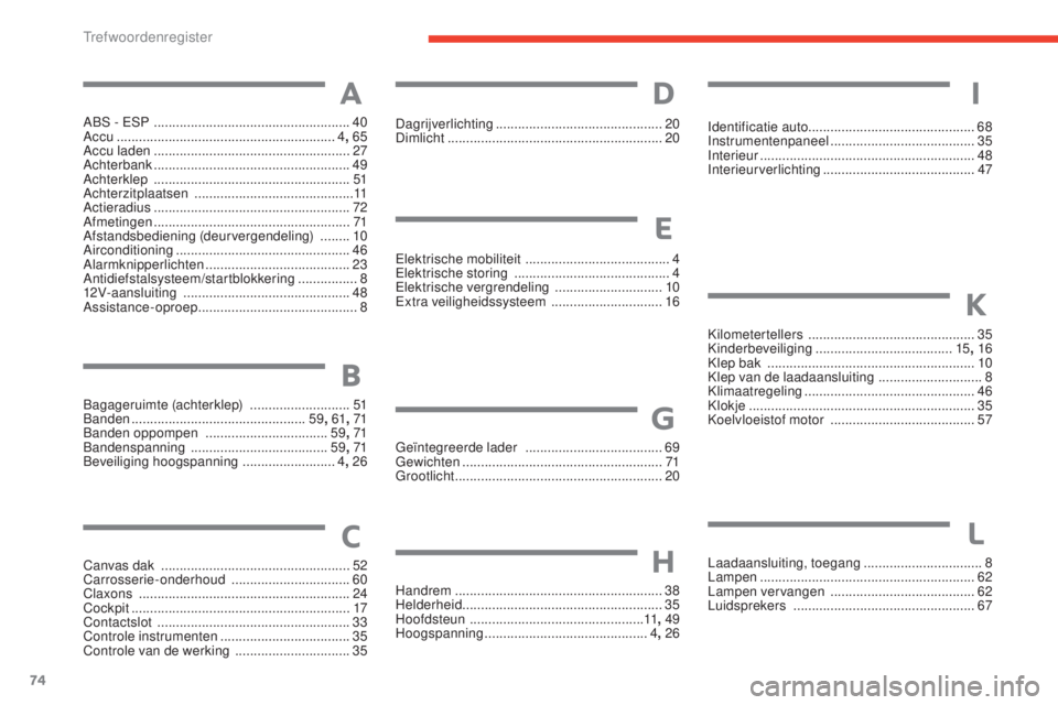 CITROEN E-MEHARI 2017  Instructieboekjes (in Dutch) 74
e-mehari_nl_Chap07_index-alpha_ed03-2016
ABS - ESP  .....................................................40
Ac cu  ........................................................... 4, 65
Accu laden
 

..