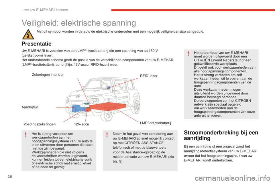 CITROEN E-MEHARI 2016 Instructieboekjes (in Dutch) 26
e-mehari_nl_Chap01_faite-connaissance_ed02-2016
Veiligheid: elektrische spanning
Met dit symbool worden in de auto de elektrische onderdelen met een mogelijk veiligheidsrisico aangeduid.
Presentati CITROEN E-MEHARI 2016 Instructieboekjes (in Dutch) 26
e-mehari_nl_Chap01_faite-connaissance_ed02-2016
Veiligheid: elektrische spanning
Met dit symbool worden in de auto de elektrische onderdelen met een mogelijk veiligheidsrisico aangeduid.
Presentati
