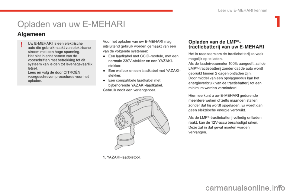 CITROEN E-MEHARI 2016 Instructieboekjes (in Dutch) 27
e-mehari_nl_Chap01_faite-connaissance_ed02-2016
Uw E-MEHARI is een elektrische
auto die gebruikmaakt van elektrische
stroom met een hoge spanning.
Het niet in acht nemen van de
voorschriften met CITROEN E-MEHARI 2016 Instructieboekjes (in Dutch) 27
e-mehari_nl_Chap01_faite-connaissance_ed02-2016
Uw E-MEHARI is een elektrische
auto die gebruikmaakt van elektrische
stroom met een hoge spanning.
Het niet in acht nemen van de
voorschriften met