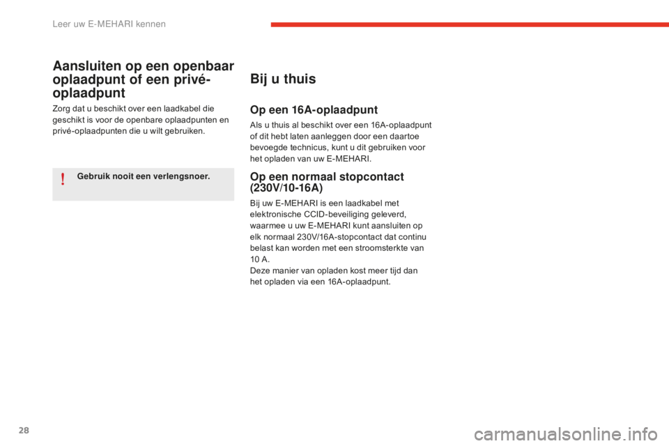 CITROEN E-MEHARI 2016 Instructieboekjes (in Dutch) 28
e-mehari_nl_Chap01_faite-connaissance_ed02-2016
Gebruik nooit een verlengsnoer.
Aansluiten op een openbaar
oplaadpunt of een privé-
oplaadpunt
Zorg dat u beschikt over een laadkabel die
geschikt CITROEN E-MEHARI 2016 Instructieboekjes (in Dutch) 28
e-mehari_nl_Chap01_faite-connaissance_ed02-2016
Gebruik nooit een verlengsnoer.
Aansluiten op een openbaar
oplaadpunt of een privé-
oplaadpunt
Zorg dat u beschikt over een laadkabel die
geschikt