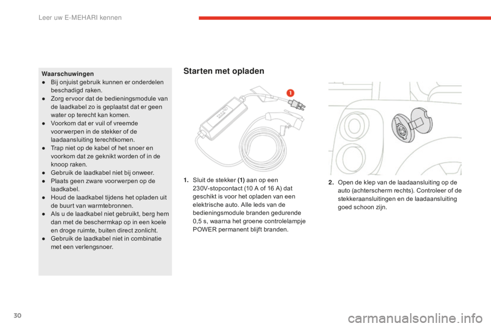 CITROEN E-MEHARI 2016 Instructieboekjes (in Dutch) 30
e-mehari_nl_Chap01_faite-connaissance_ed02-2016
Waarschuwingen
● Bij onjuist gebruik kunnen er onderdelen
beschadigd raken.
●
Zo
rg ervoor dat de bedieningsmodule van
de laadkabel zo is gep CITROEN E-MEHARI 2016 Instructieboekjes (in Dutch) 30
e-mehari_nl_Chap01_faite-connaissance_ed02-2016
Waarschuwingen
● Bij onjuist gebruik kunnen er onderdelen
beschadigd raken.
●
Zo
rg ervoor dat de bedieningsmodule van
de laadkabel zo is gep