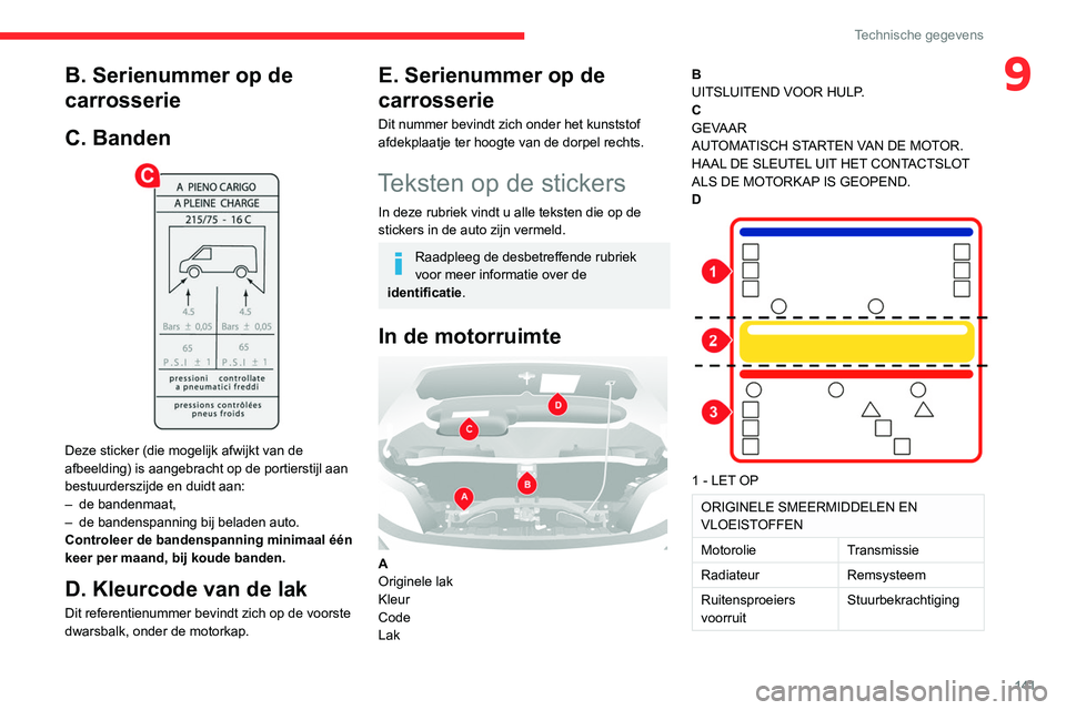 CITROEN JUMPER 2020  Instructieboekjes (in Dutch) 141
Technische gegevens
9B. Serienummer op de 
carrosserie
C. Banden
 
 
Deze sticker (die mogelijk afwijkt van de 
afbeelding) is aangebracht op de portierstijl aan 
bestuurderszijde en duidt aan:
