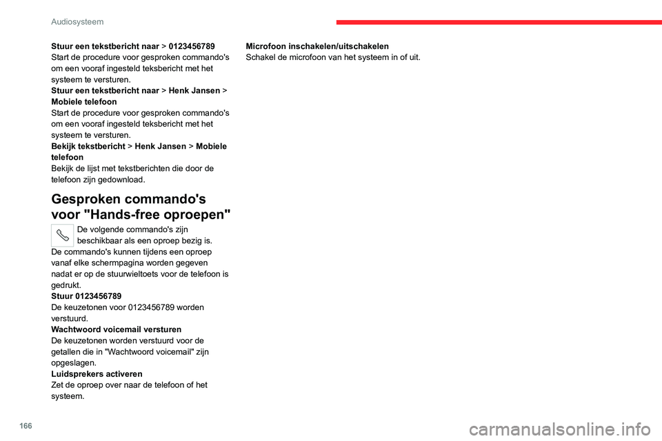 CITROEN JUMPER 2020  Instructieboekjes (in Dutch) 166
Audiosysteem
Stuur een tekstbericht naar > 0123456789
Start de procedure voor gesproken commando's 
om een vooraf ingesteld teksbericht met het 
systeem te versturen.
Stuur een tekstbericht na