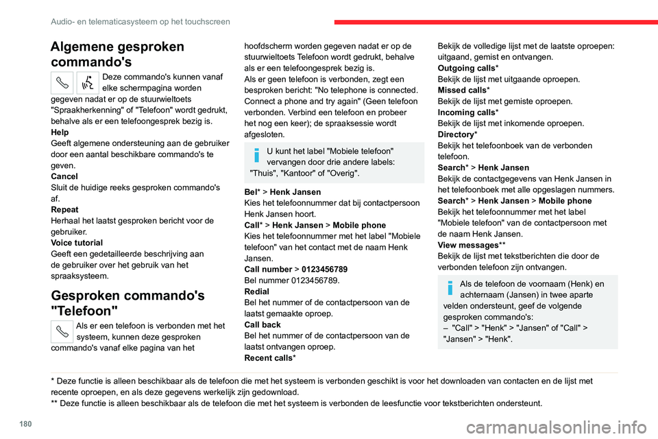 CITROEN JUMPER 2020  Instructieboekjes (in Dutch) 180
Audio- en telematicasysteem op het touchscreen
– "Search" > "Henk" > "Jansen" of "Search" > 
"Jansen" > "Henk".
Gesproken commando's 
voor Aut