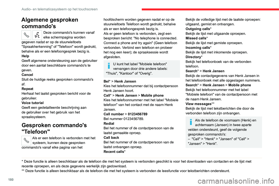 CITROEN JUMPER 2020 Instructieboekjes (in Dutch) 180
Audio- en telematicasysteem op het touchscreen
– "Search" > "Henk" > "Jansen" of "Search" >
"Jansen" > "Henk".
Gesproken commando's
voor Aut CITROEN JUMPER 2020 Instructieboekjes (in Dutch) 180
Audio- en telematicasysteem op het touchscreen
– "Search" > "Henk" > "Jansen" of "Search" >
"Jansen" > "Henk".
Gesproken commando's
voor Aut