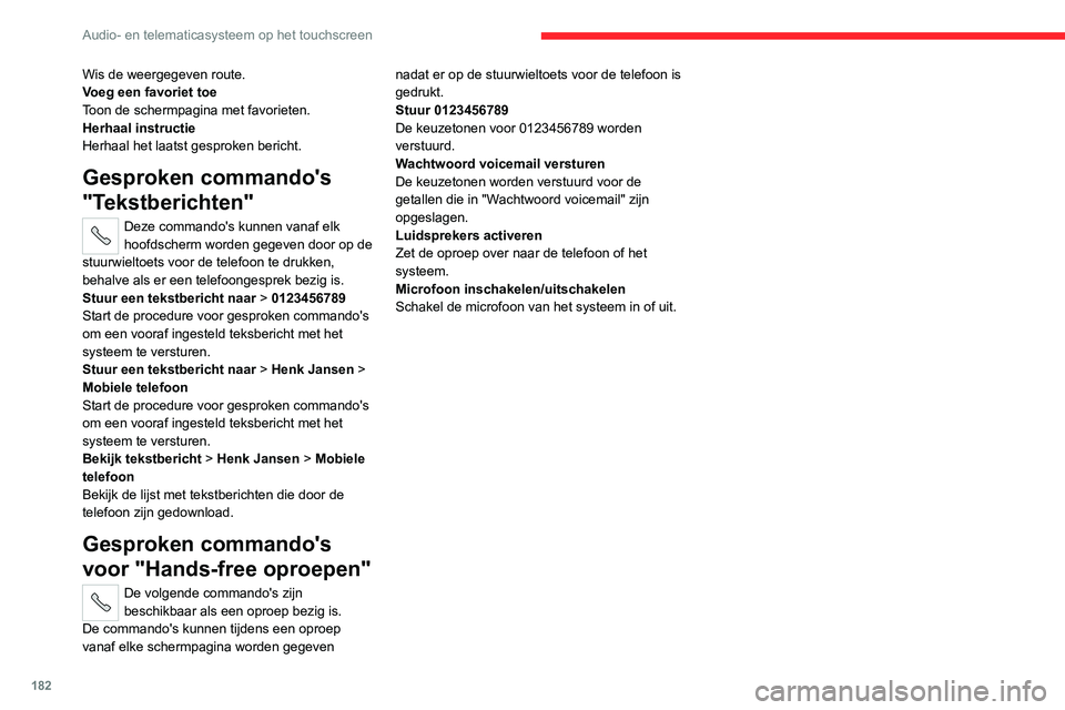 CITROEN JUMPER 2020  Instructieboekjes (in Dutch) 182
Audio- en telematicasysteem op het touchscreen
Wis de weergegeven route.
Voeg een favoriet toe
Toon de schermpagina met favorieten.
Herhaal instructie
Herhaal het laatst gesproken bericht.
Gesprok