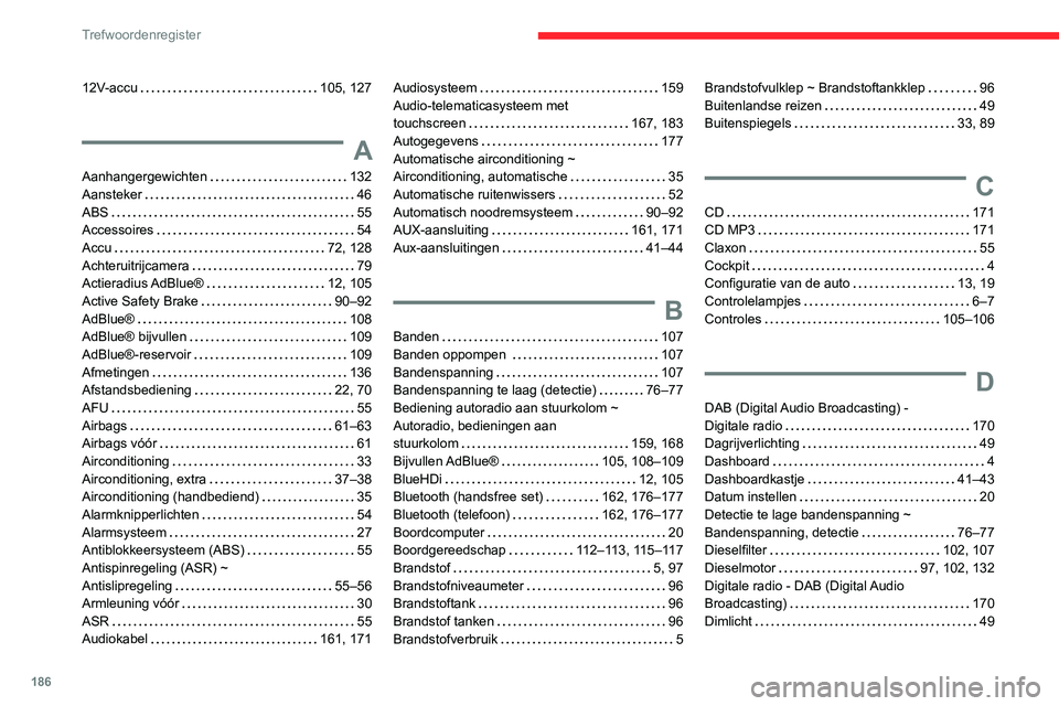 CITROEN JUMPER 2020  Instructieboekjes (in Dutch) 186
Trefwoordenregister
12V-accu   105, 127
A
Aanhangergewichten    132
Aansteker    46
ABS    55
Accessoires    54
Accu    72, 128
Achteruitrijcamera     79
Actieradius AdBlue®    12, 105
Active Saf