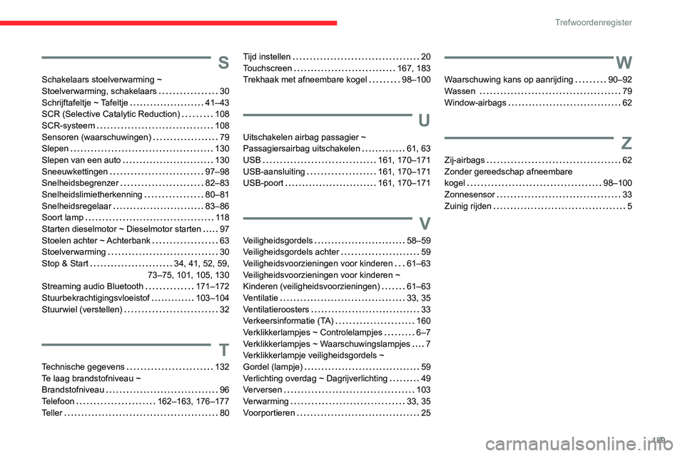 CITROEN JUMPER 2020  Instructieboekjes (in Dutch) 189
Trefwoordenregister
S
Schakelaars stoelverwarming ~ 
Stoelverwarming, schakelaars    30
Schrijftafeltje ~ Tafeltje    41–43
SCR (Selective Catalytic Reduction)    108
SCR-systeem    108
Sensoren