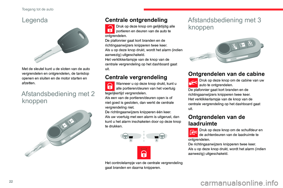 CITROEN JUMPER 2020 Instructieboekjes (in Dutch) 22
Toegang tot de auto
Legenda
Met de sleutel kunt u de sloten van de auto
vergrendelen en ontgrendelen, de tankdop
openen en sluiten en de motor starten en
afzetten.
Afstandsbediening met 2 kn CITROEN JUMPER 2020 Instructieboekjes (in Dutch) 22
Toegang tot de auto
Legenda
Met de sleutel kunt u de sloten van de auto
vergrendelen en ontgrendelen, de tankdop
openen en sluiten en de motor starten en
afzetten.
Afstandsbediening met 2 kn