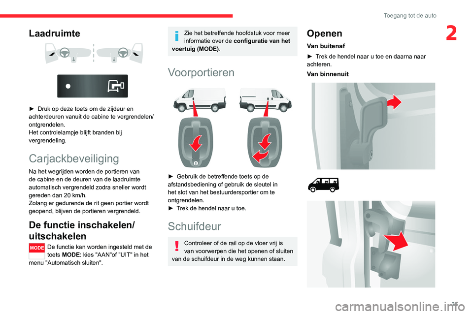 CITROEN JUMPER 2020  Instructieboekjes (in Dutch) 25
Toegang tot de auto
2Laadruimte 
 
 
 
►  Druk op deze toets om de zijdeur en 
achterdeuren vanuit de cabine te vergrendelen/
ontgrendelen. 
Het controlelampje blijft branden bij 
vergrendeling. 
