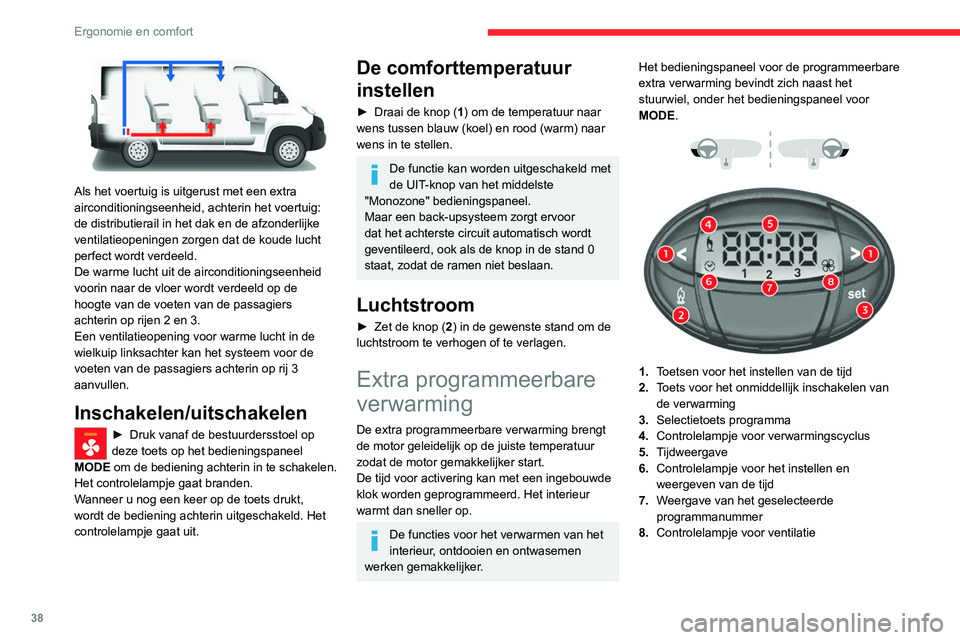 CITROEN JUMPER 2020  Instructieboekjes (in Dutch) 38
Ergonomie en comfort
De tijd van de ingebouwde 
klok instellen
Stel de klok op het bedieningspaneel in voordat 
u het uitgesteld starten van de verwarming 
programmeert. 
►  Houd toets 3 ingedruk