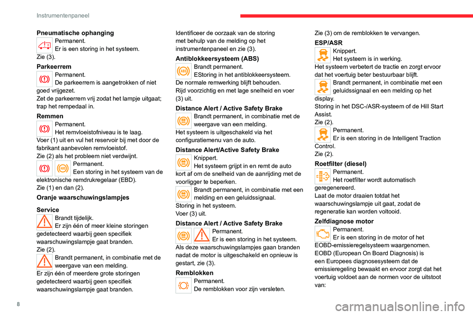 CITROEN JUMPER 2020  Instructieboekjes (in Dutch) 8
Instrumentenpaneel
Pneumatische ophangingPermanent.
Er is een storing in het systeem.
Zie (3).
ParkeerremPermanent.
De parkeerrem is aangetrokken of niet 
goed vrijgezet.
Zet de parkeerrem vrij zoda