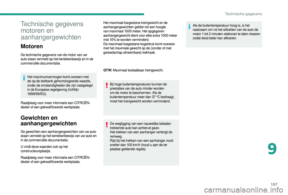 CITROEN JUMPER 2019  Instructieboekjes (in Dutch) 157
Technische gegevens 
motoren en 
aanhangergewichten
Motoren
De technische gegevens van de motor van uw 
auto staan vermeld op het kentekenbewijs en in de 
commerciële documentatie.Het maximumverm