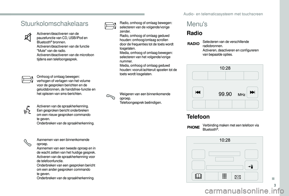 CITROEN JUMPER 2019  Instructieboekjes (in Dutch) 3
Stuurkolomschakelaars
Activeren/deactiveren van de 
pauzefunctie van CD, USB/iPod en 
Bluetooth
® bronnen.
Activeren/deactiveren van de functie 
"Mute" van de radio.
Activeren/deactiveren v