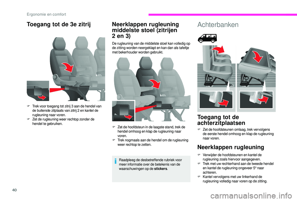 CITROEN JUMPER 2019 Instructieboekjes (in Dutch) 40
Toegang tot de 3e zitrijNeerklappen rugleuning
middelste stoel (zitrijen
2
en 3)
De rugleuning van de middelste stoel kan volledig op
de zitting worden neergeklapt en kan dan als tafeltje
met CITROEN JUMPER 2019 Instructieboekjes (in Dutch) 40
Toegang tot de 3e zitrijNeerklappen rugleuning
middelste stoel (zitrijen
2
en 3)
De rugleuning van de middelste stoel kan volledig op
de zitting worden neergeklapt en kan dan als tafeltje
met